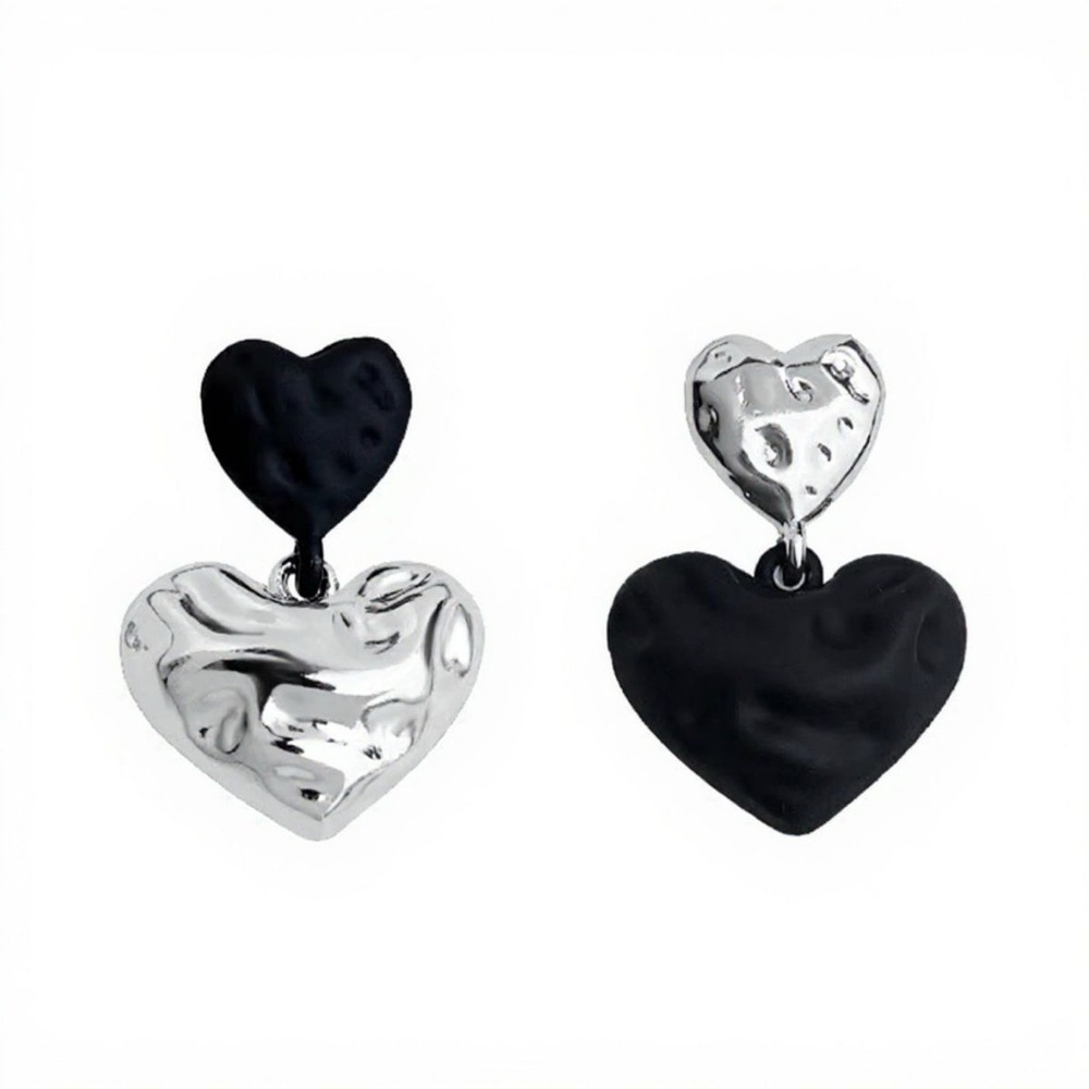 Alilang Double Heart Drop Earrings Black with Silver Textured Design